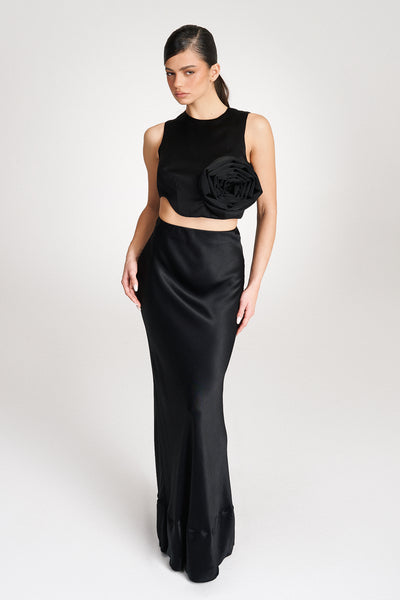 'Brea' Silk-Satin Black Maxi Skirt