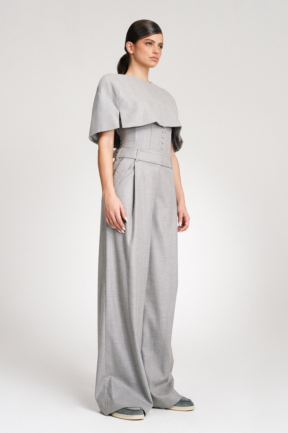 'Eleonore' Grey Cape-Effect Wool Blouse