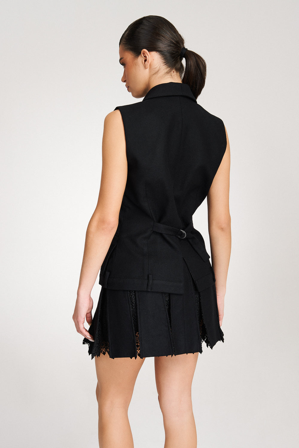 'Maeve' Black Wool Pleated Lace-trimmed Mini Skirt