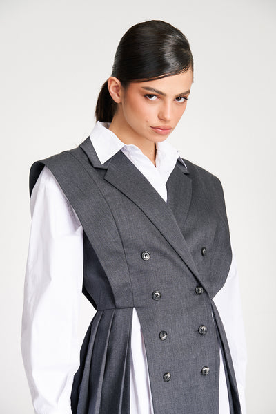 Grey Pleated Vest Shirt Suit Dress