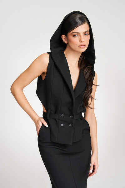 ’Alani’ Hooded Black Cut-Out Suite Vest