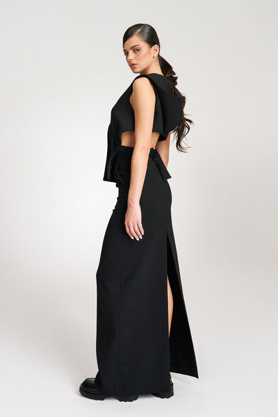 ’Noelle’ Black High Waisted Tailored Maxi Skirt