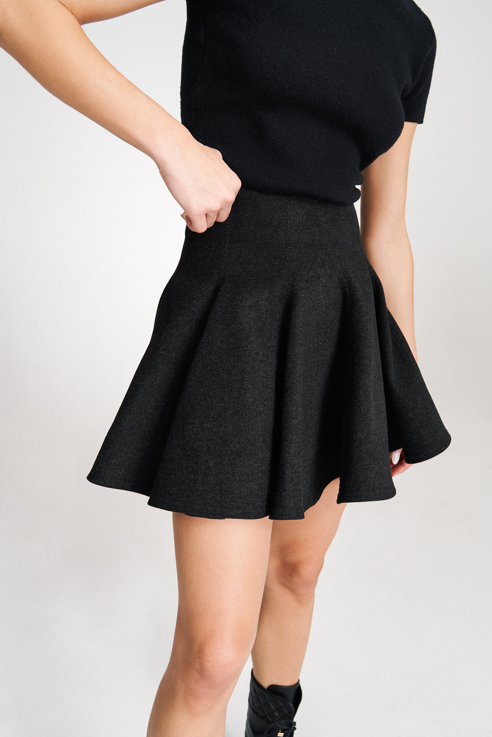 'Emily' Structured Black Wool Mini Skirt