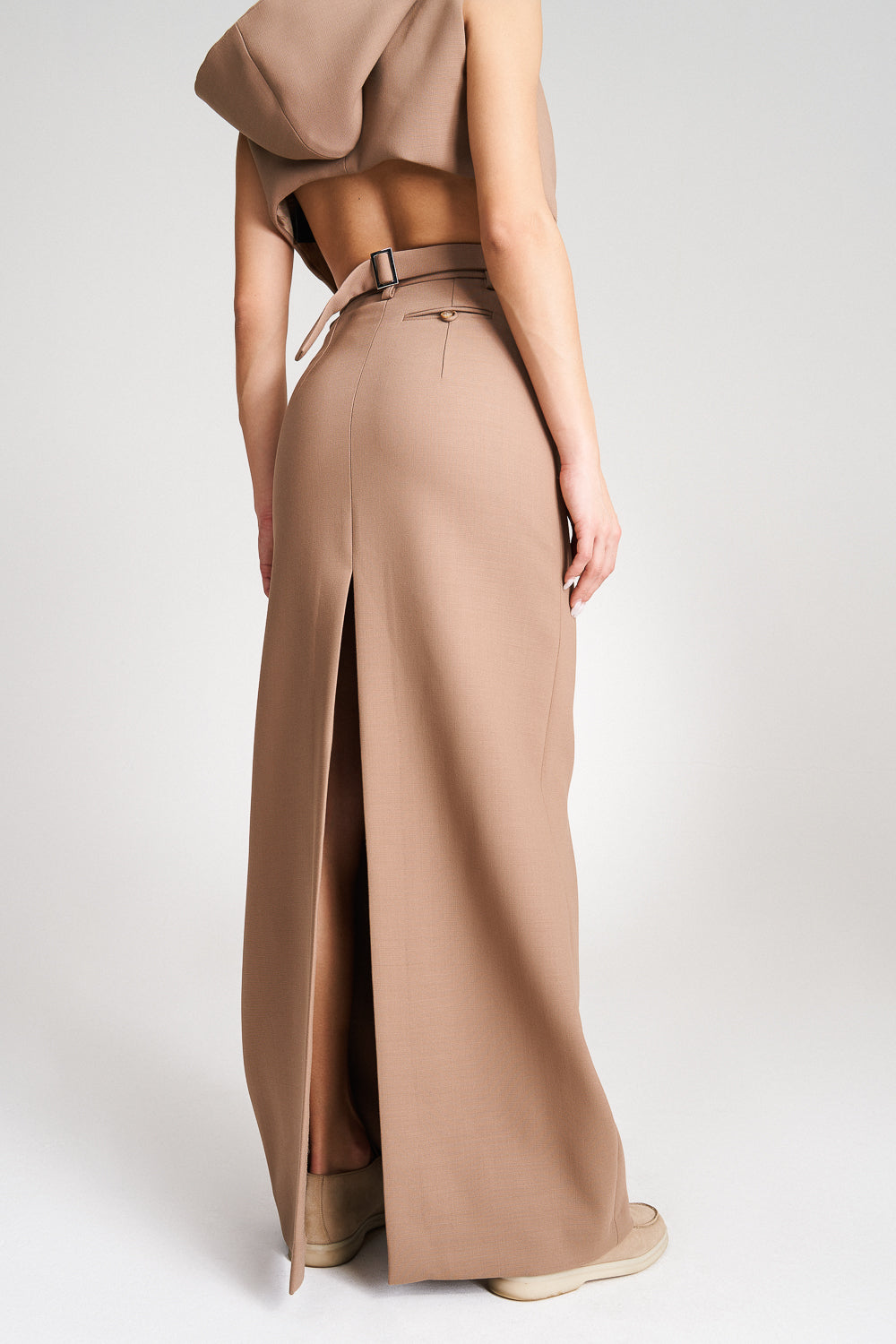 ’Noelle’ Beige High Waisted Tailored Maxi Skirt