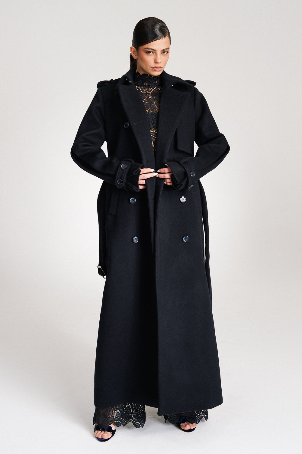 'Safiyya' Belted Double-Breasted Wool Trench Coat