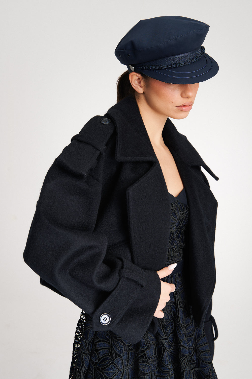'Rae' Cropped Navy Double-Breasted Wool Coat
