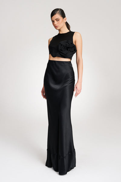 'Brea' Silk-Satin Black Maxi Skirt