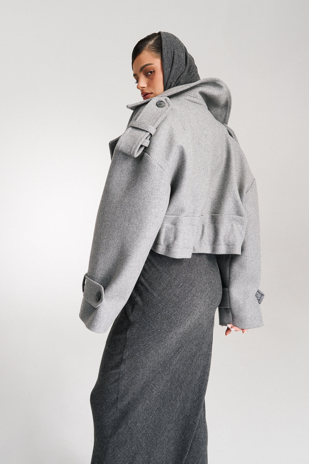 'Rae' Cropped Grey Double-Breasted Wool Coat