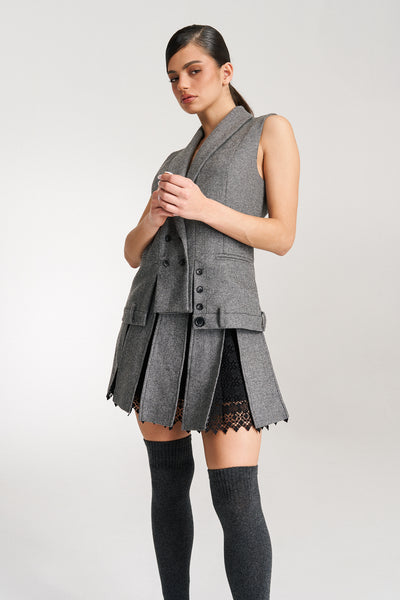 'Maeve' Grey Wool Pleated Lace-trimmed Mini Skirt