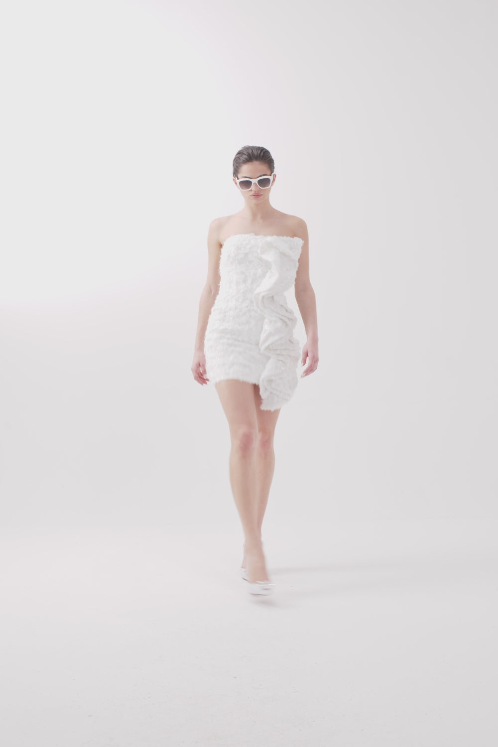 3D Bouclé Sequined White Dress