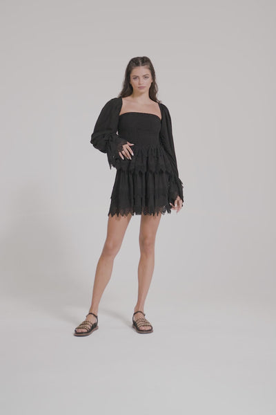 Bella  Black Ruffled broderie cotton-blend mini skirt