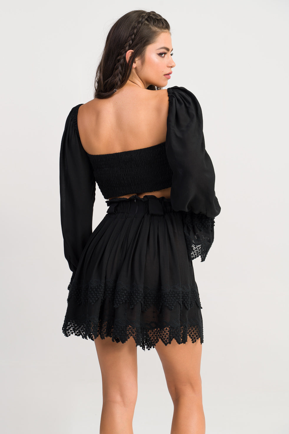 Bella  Black Ruffled broderie cotton-blend mini skirt