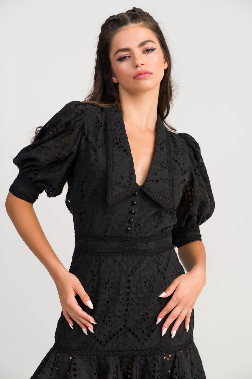 Lara Black Collar broderie cotton-blend mini dress