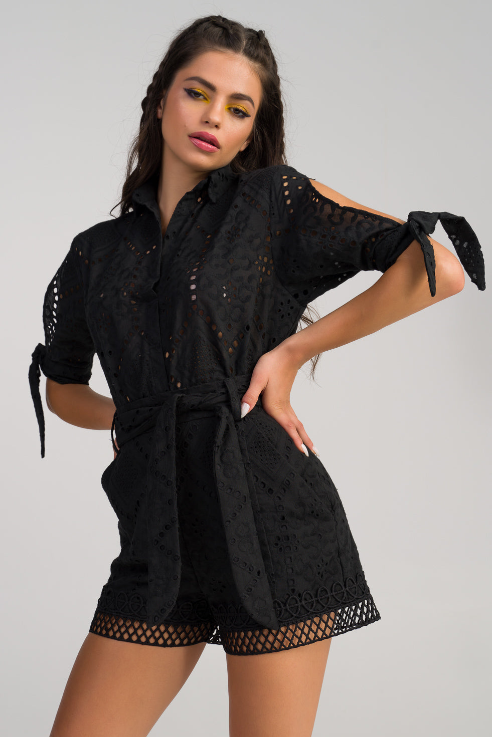 Samira  Black Cotton blend embroided beach blouse
