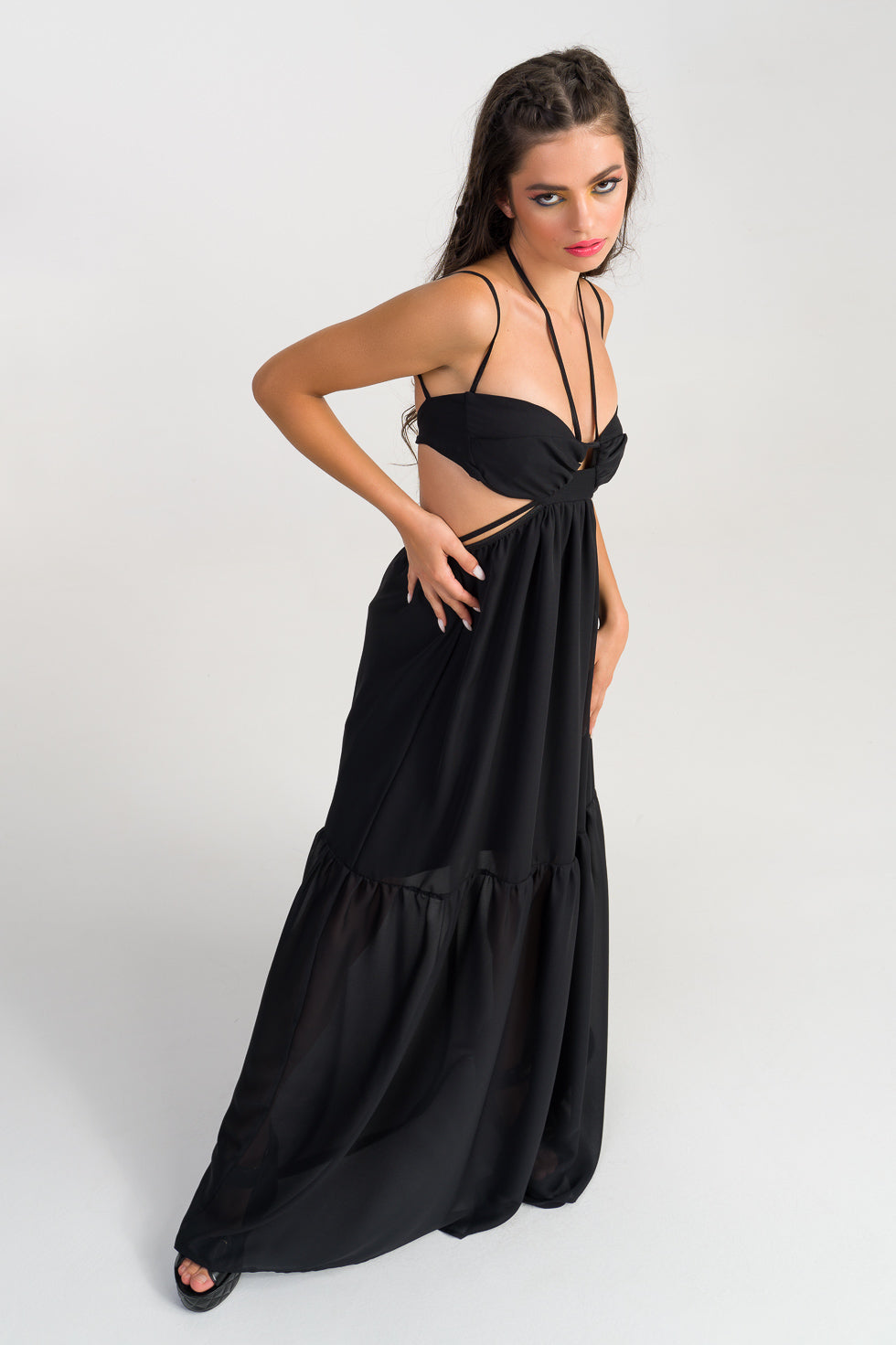 Lillian  Black Silk flared maxi dress