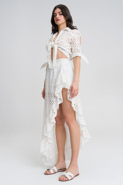 Monica White Asymmetric cotton blend embroided maxi beach skirt