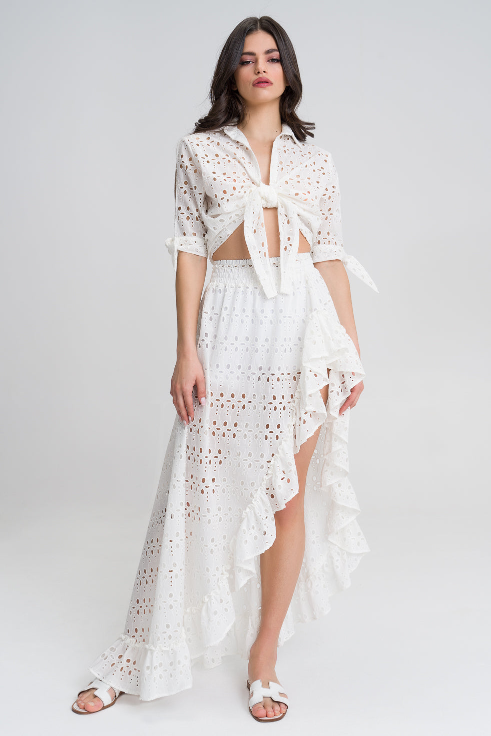 Monica White Asymmetric cotton blend embroided maxi beach skirt