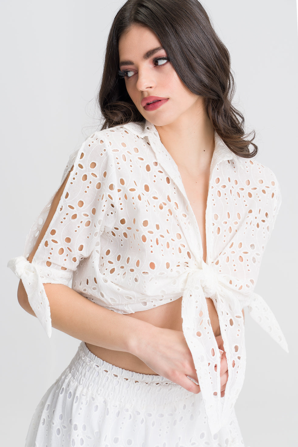 Samira White Cotton blend embroided beach blouse