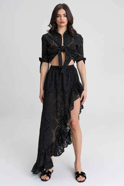 Monica Black Asymmetric cotton blend embroided maxi beach skirt