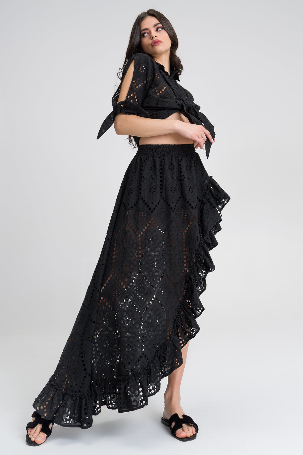 Monica Black Asymmetric cotton blend embroided maxi beach skirt