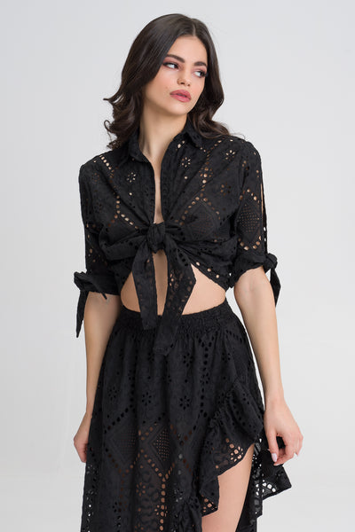 Samira Black cotton blend embroided beach blouse
