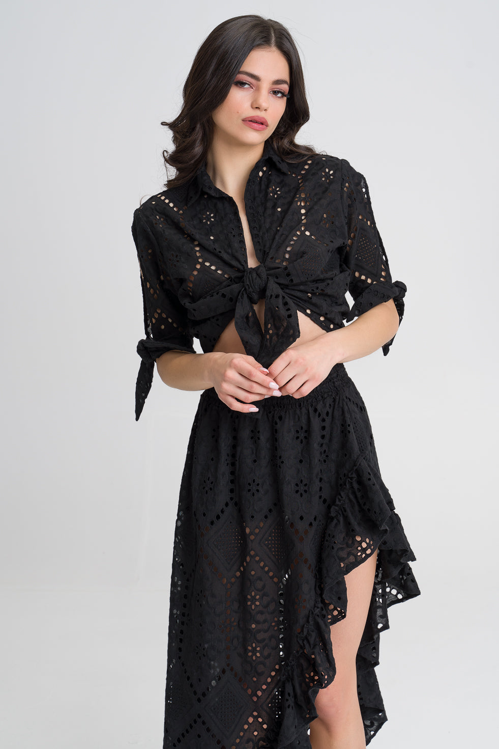 Samira Black cotton blend embroided beach blouse