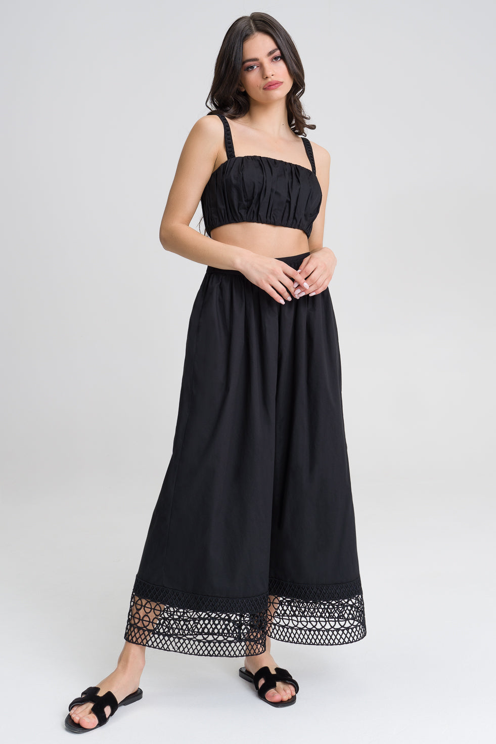 Sadie Black cotton blend embroided wide pants