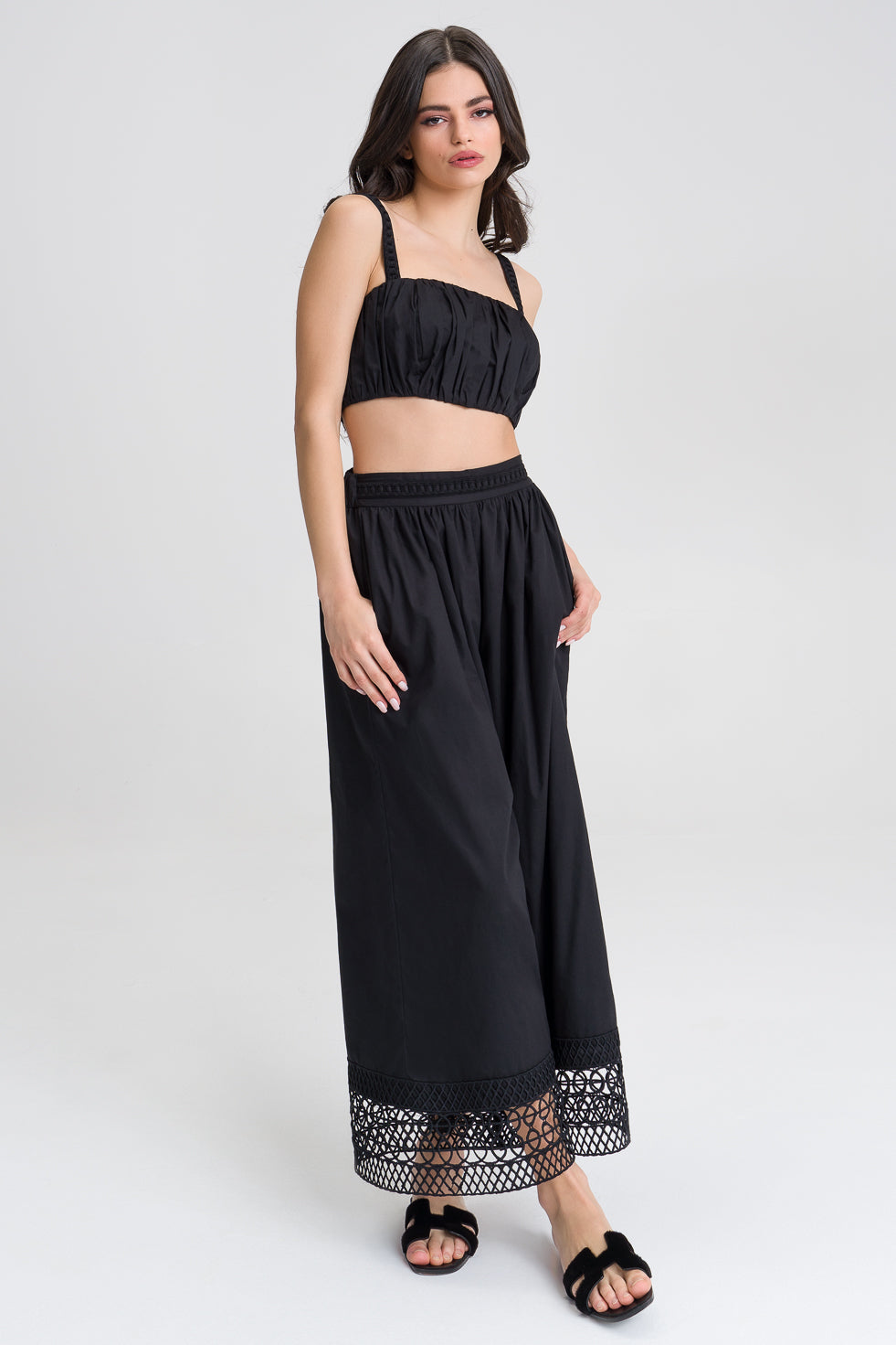 Sadie Black cotton blend embroided wide pants