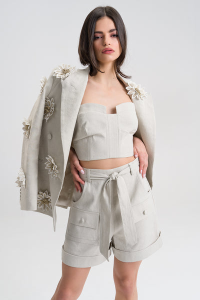 Valentina Cream Linen oversized flower embellished suit blazer