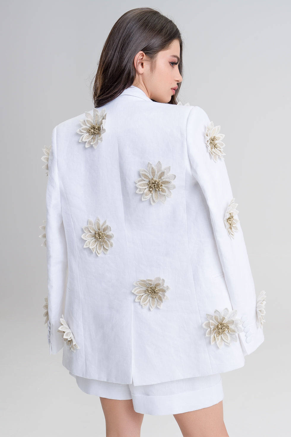 Valentina White Linen oversized flower embellished suit blazer