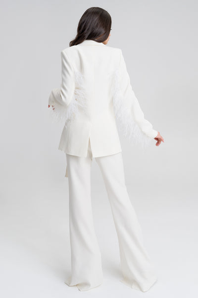 Ivy White Cotton blend feather embellished suit blazer