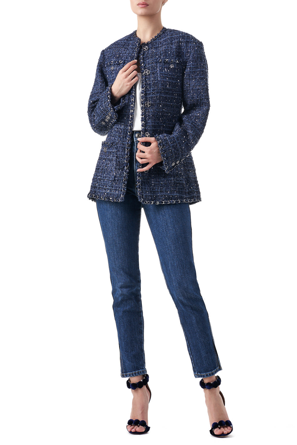 Tamara Blue Chain embellished structured longline blazer