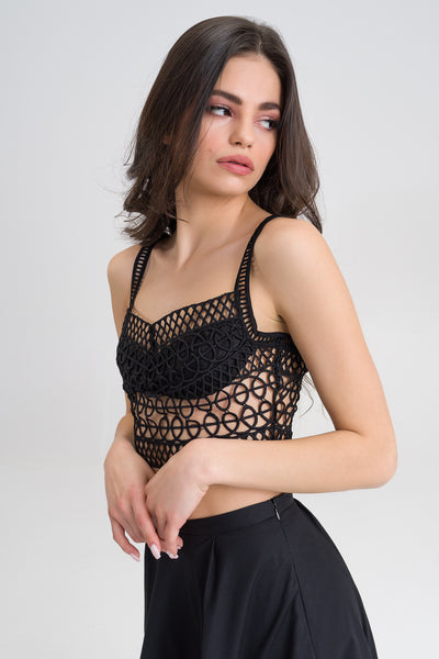 Rima  Black Cotton blend embroided bustier top