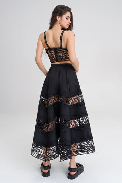 Nora  Black Cotton blend embroided maxi skirt