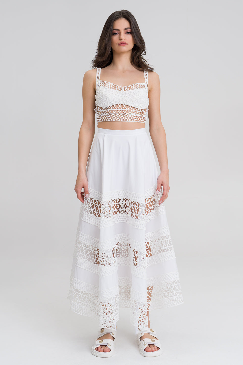 Nora White Cotton Blend embroided maxi skirt