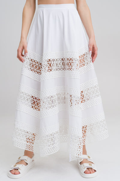 Nora White Cotton Blend embroided maxi skirt