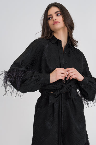Samantha  Black Silk PJ feather embellished silk shirt