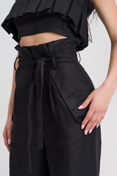 Zoey  Black Linen Paperbag Waist Pants