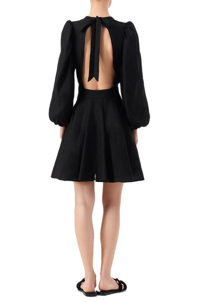 Vivien black linen bow detailed mini dress