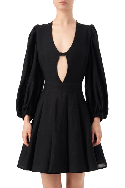 Vivien black linen bow detailed mini dress