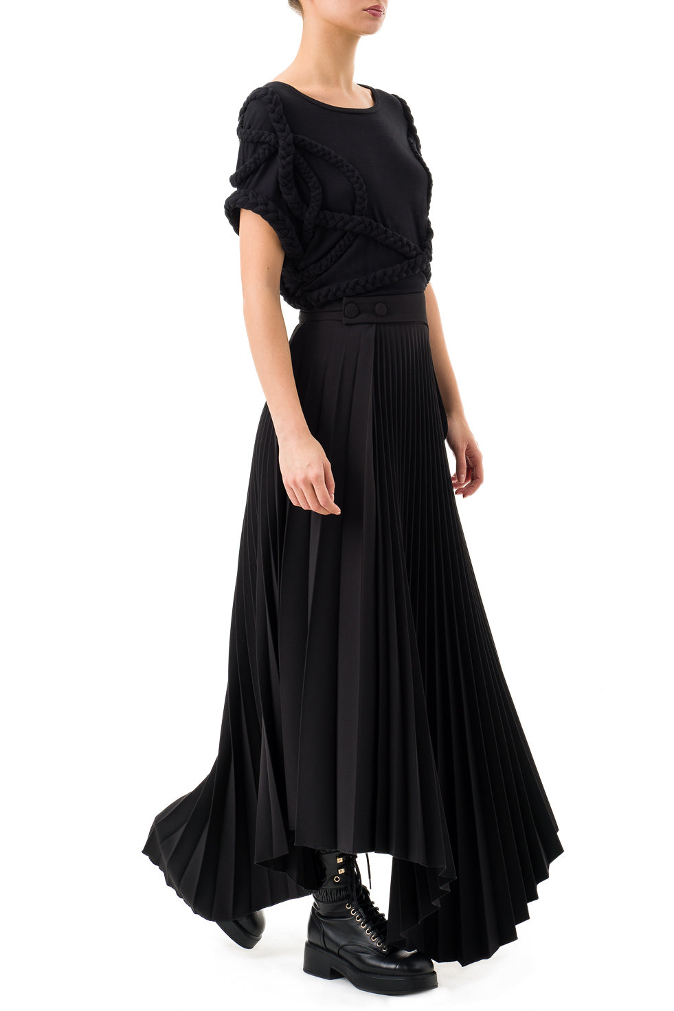 Jamila Black Asymmetric Pleated Long Skirt