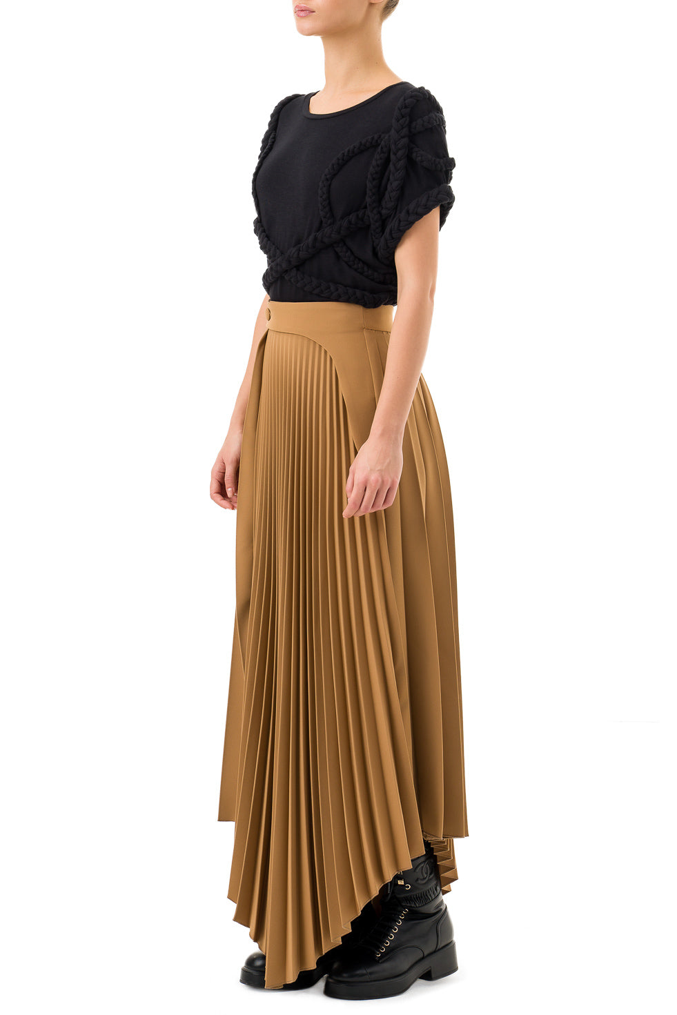 Jamila Brown Asymmetric Pleated Long Skirt