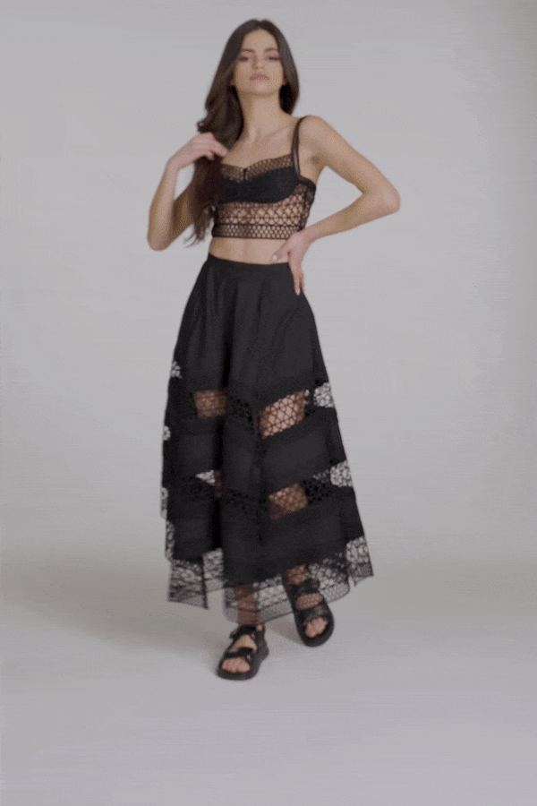 Nora  Black Cotton blend embroided maxi skirt