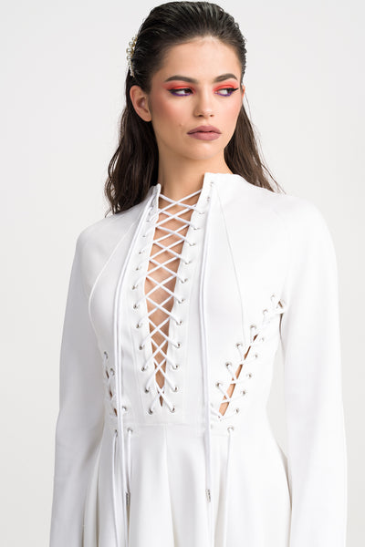 ‘Kendall’ Lace-Up Ruffled White Stretch-Jersey Mini Dress