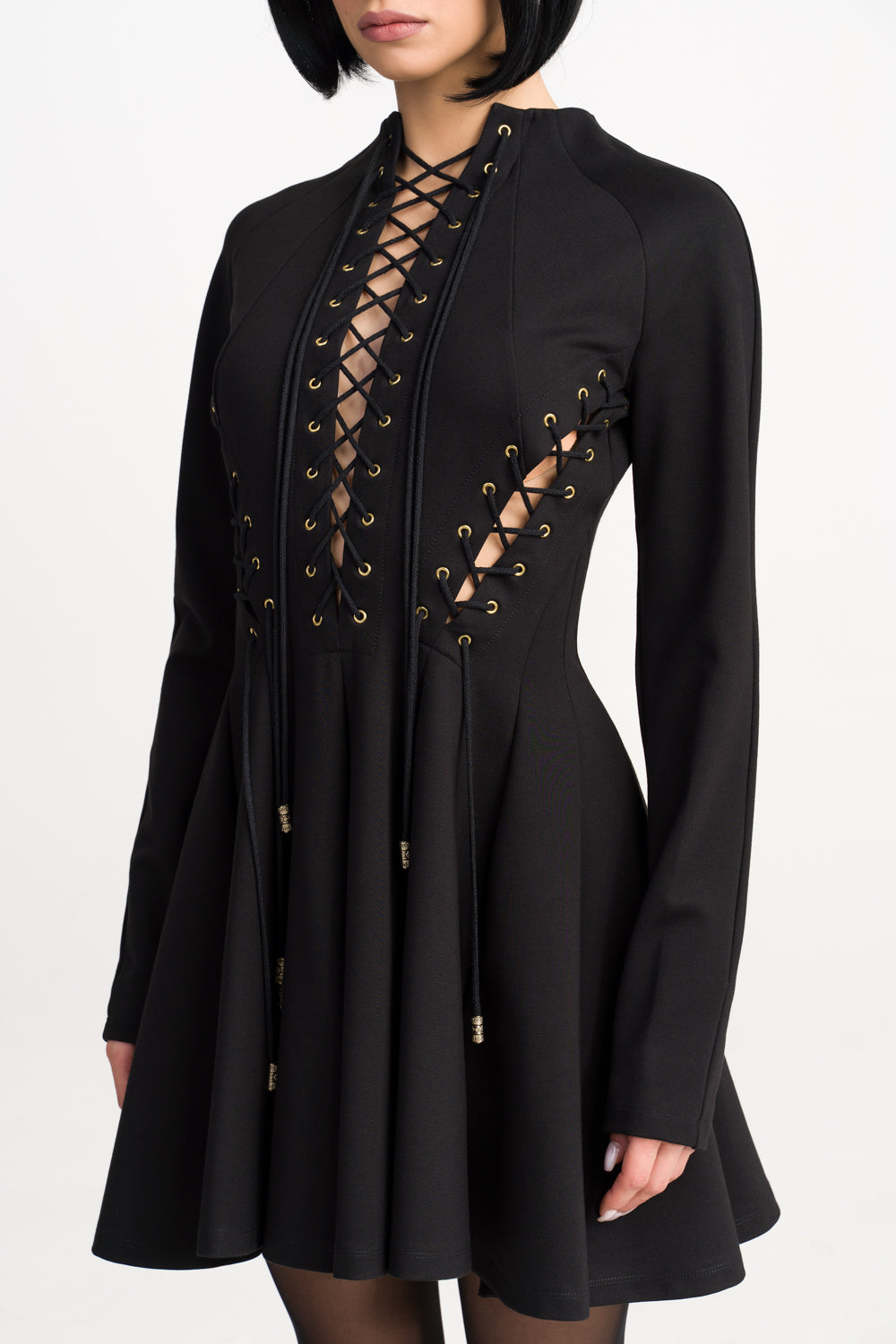 ‘Kendall’ Lace-Up Ruffled Black Stretch-Jersey Mini Dress