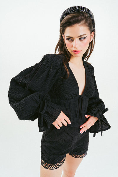 'JENNA' Cropped Corset Black Textured Cotton Blouse