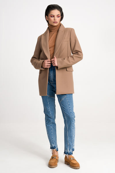 'Eliza' Caramel Draped Wool-Blend Structured Blazer