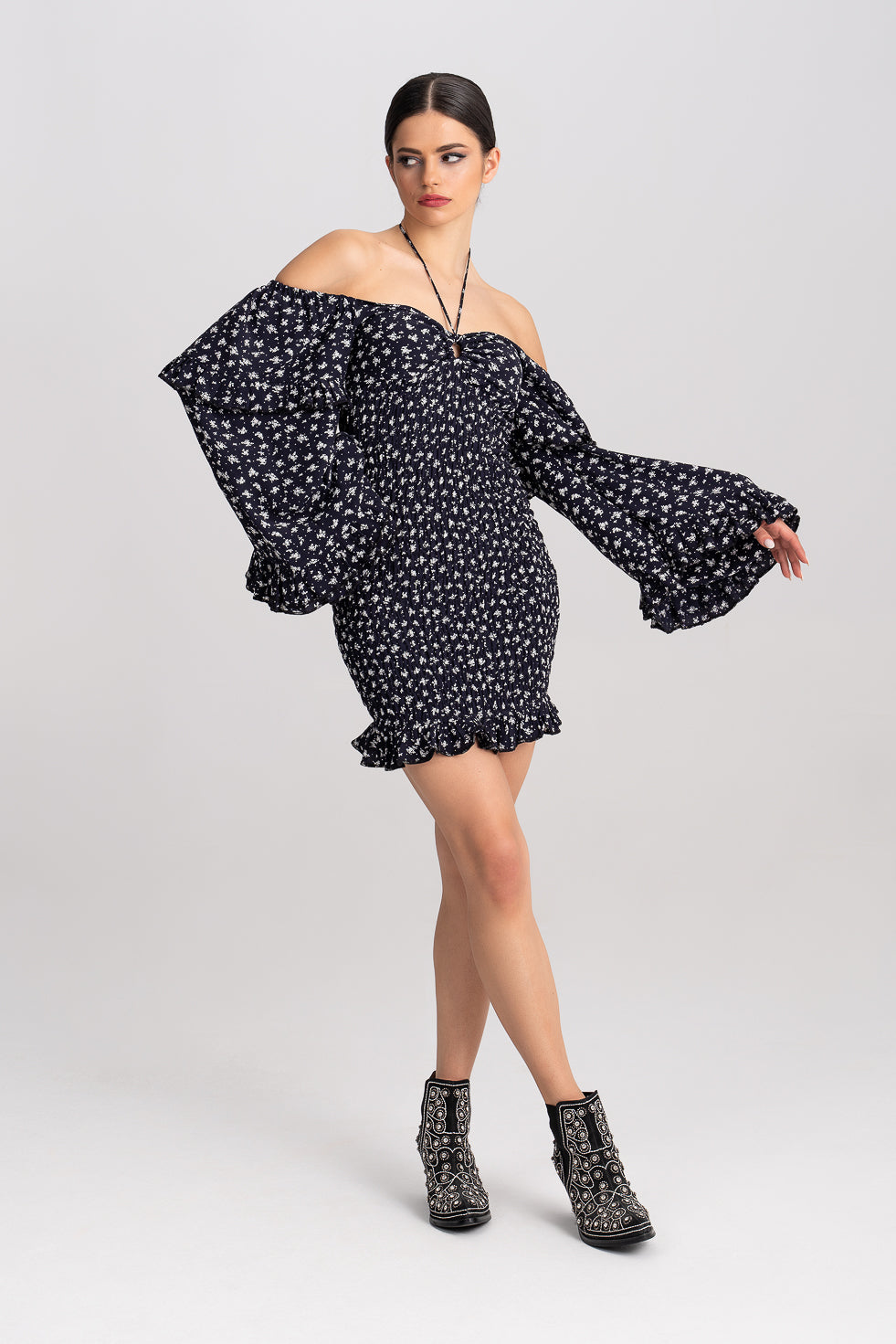 ‘Nella‘ off-the-shoulder shirred mini dress