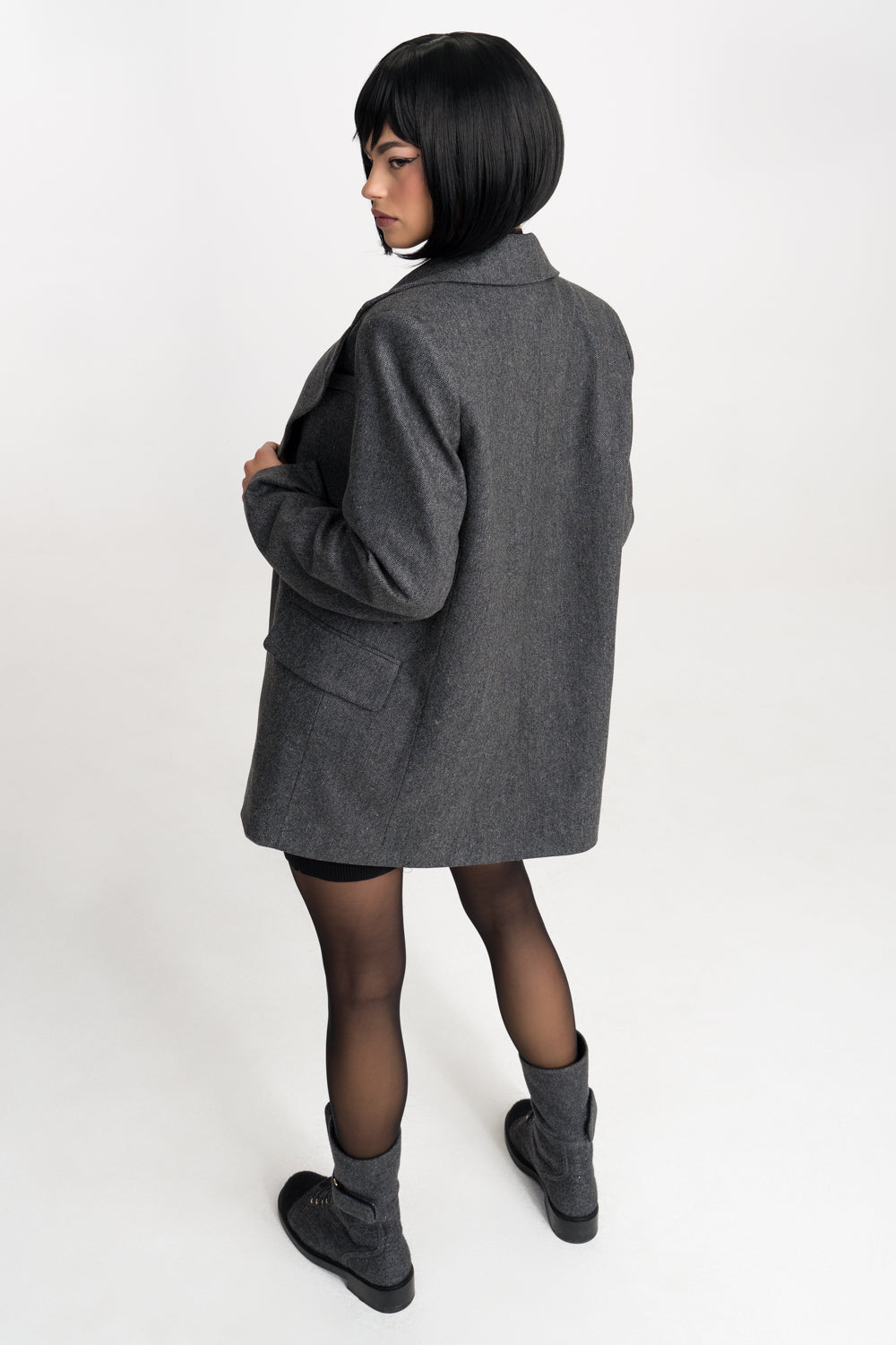 'Jade' Grey Deconstructed Lapels Oversized Wool Blazer