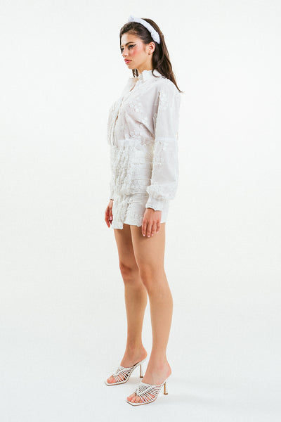 'ADELINE' White 3D Flower Embroidered Cotton Shirt